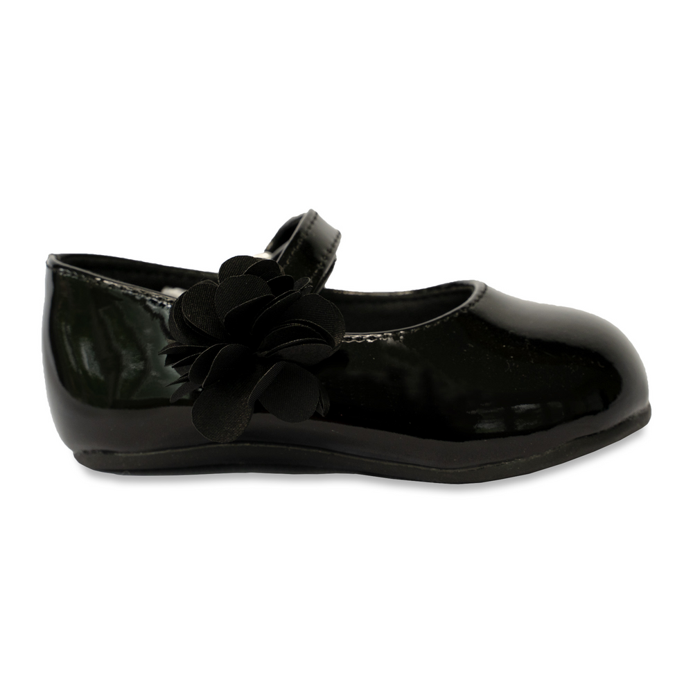 
            
                Load image into Gallery viewer, Linley Toddler Black Patent Mary Jane Dress Flats With Flower Strap Ornament - Select Size
            
        