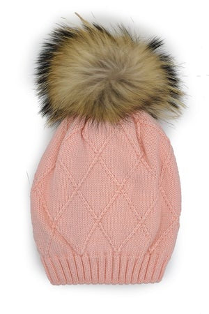 Chunky Knit Mauve Wool Hat With Brown Pom Pom - Adult