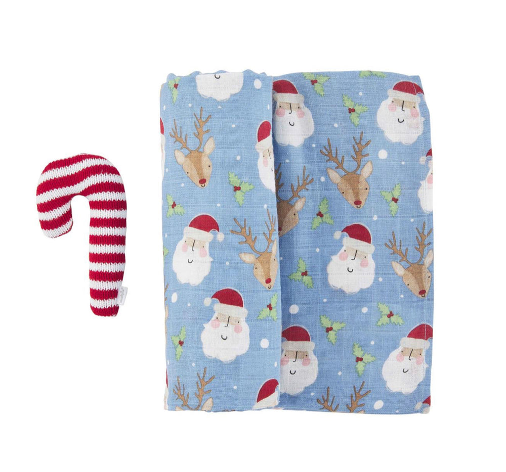 Blue Christmas Swaddle & Rattle Set