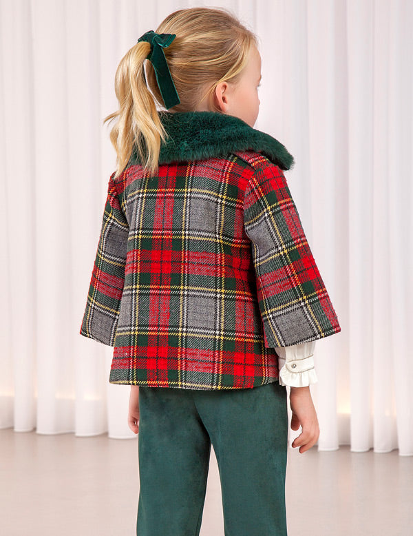 Plaid Girls Coat With Bottle Green Faux Fur Collar - Select Size