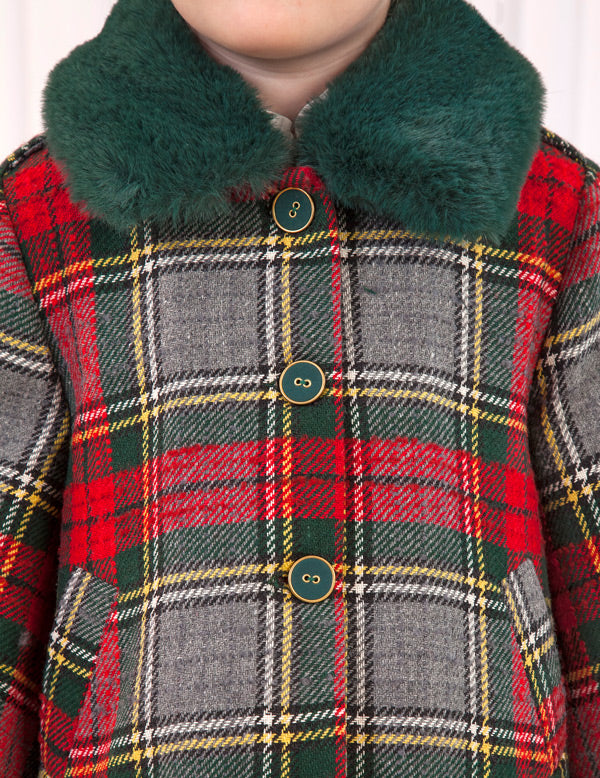 Plaid Girls Coat With Bottle Green Faux Fur Collar - Select Size