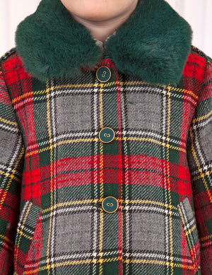 Plaid Girls Coat With Bottle Green Faux Fur Collar - Select Size