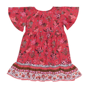 Noruk Coral Floral Ruffle Sleeve & Hem Dress - Select Size