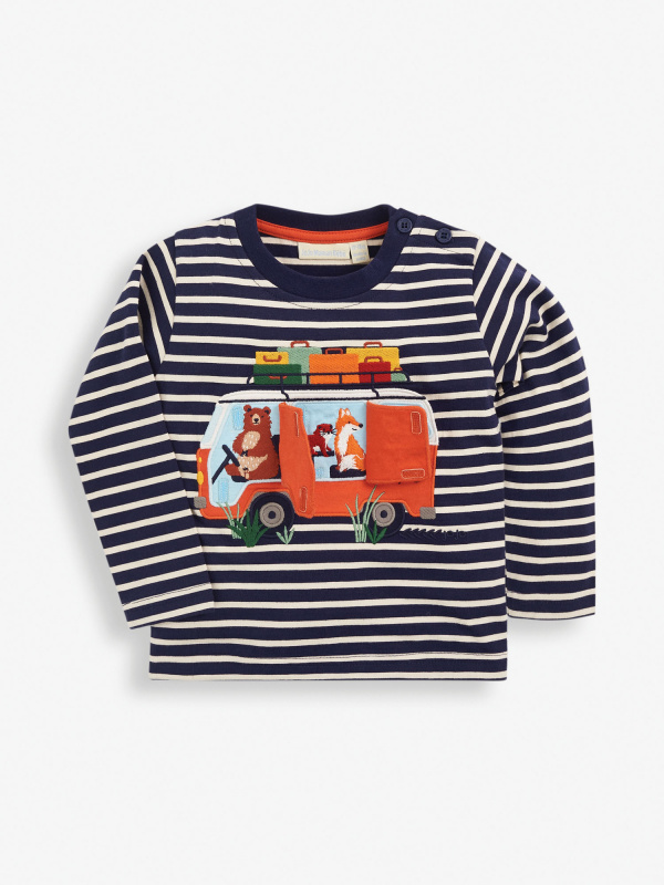 
            
                Load image into Gallery viewer, Woodland Campers Applique’ Top - Navy &amp;amp; Ecru Stripe - select size
            
        