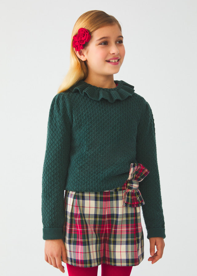 Ruffled Collar Sweater in Bottle with Pleated Checkered Skirt (Red)- Select Size