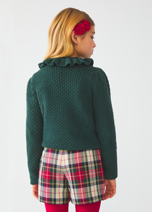 Ruffled Collar Sweater in Bottle with Pleated Checkered Skirt (Red)- Select Size