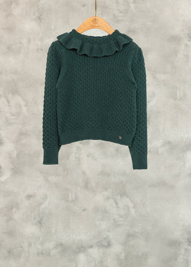 Ruffled Collar Sweater in Bottle with Pleated Checkered Skirt (Red)- Select Size