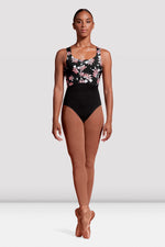 M3096LM - Ladies Black Floral Mirella Jardin Wide Strap Leotard - Select Size