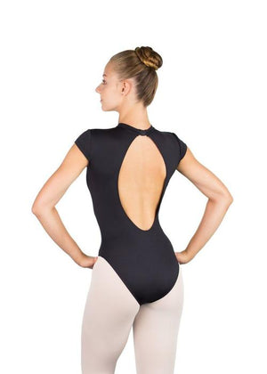 
            
                Load image into Gallery viewer, Naomi High Neck Teardrop Back Cap Sleeve Leotard in Black - Select Size
            
        