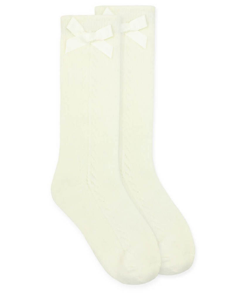 Pointelle Bow Knee High Ivory Socks - Select Size