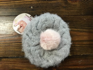 Grey Waverly Knit Hat with Pale Pink Faux-Fur Pom Pom -Select Size