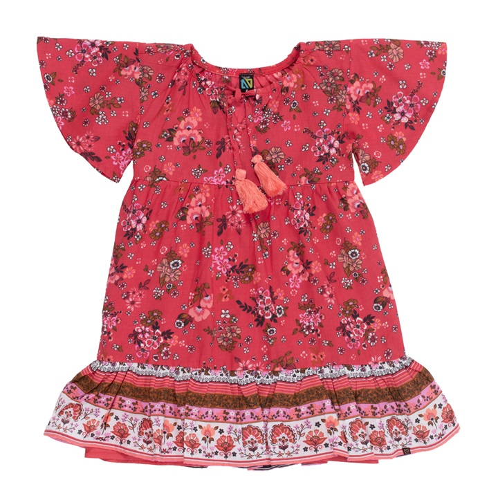 Noruk Coral Floral Ruffle Sleeve & Hem Dress - Select Size