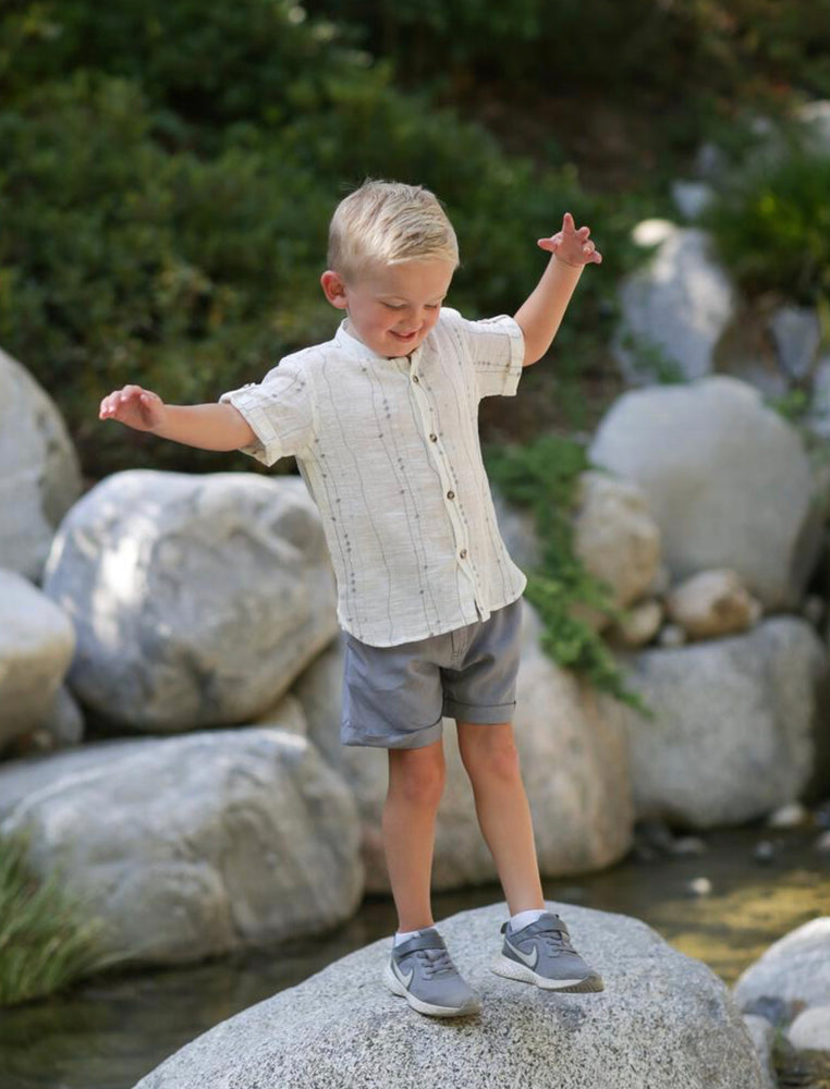 Sakura Ivory & Grey Short Sleeve Button Down Collarless Boys Shirt - Select Size