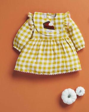 Mustard Check Infant Dress & Cutie Pie Bib Set - Select Size