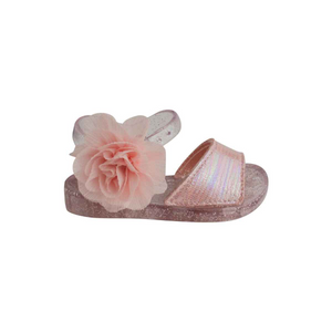 Sadie Pink Iridescent  & Clear Glitter Jelly Sandal With PInk Flower - Select Size