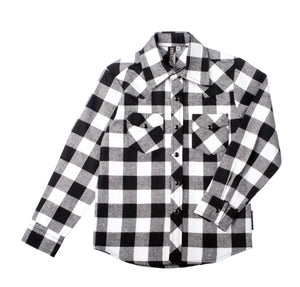 
            
                Load image into Gallery viewer, Black &amp;amp; White Plaid Checkered Long Sleeve Rockabilly Boy’s Shirt - Select Size
            
        