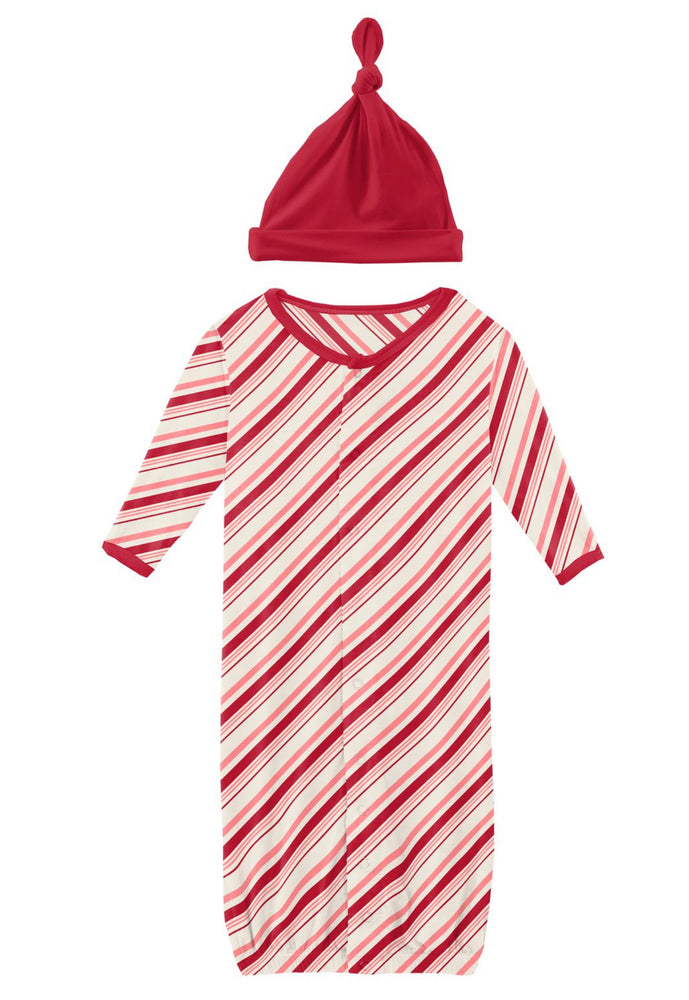Strawberry Candy Cane Stripe Print Layette Gown Converter & Knot Hat Set- Select Size