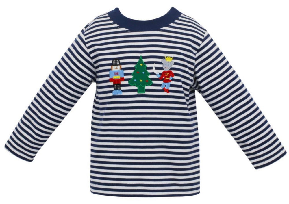 
            
                Load image into Gallery viewer, Nutcracker Boy’s Navy Blue Stripe Applique’ Long Sleeve Tee Shirt - Select Size
            
        