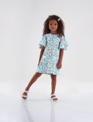 Blue Floral Elastane Jersey Dress - Select Size