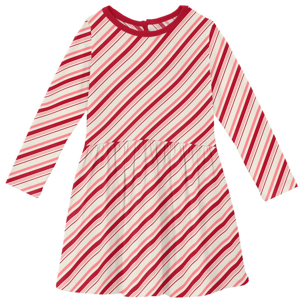 Strawberry Candy Cane Stripe Print Long Sleeve Twirl Dress - Select Size