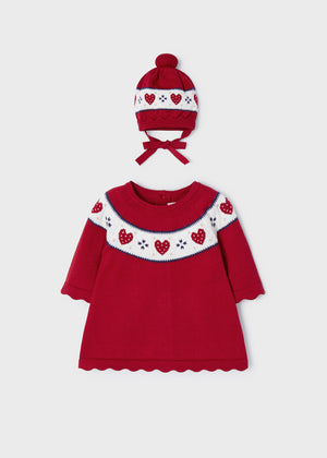 Red Knit Heart Dress & Hat Set  - Select Size