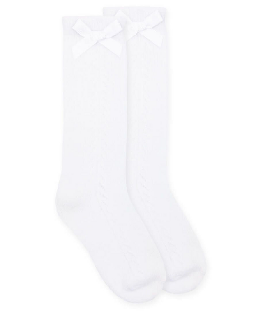 Pointelle Bow White Knee High Socks - Select Size