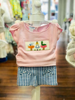 Wonderland Smocked Pink Short Sleeve Tee & Light Blue Check Short Set - Select Size