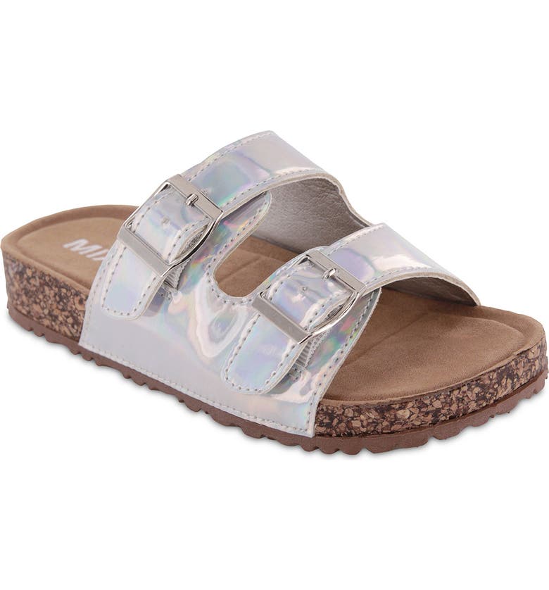 Belky Girls Silver Iridescent Double Buckle Slide Sandal