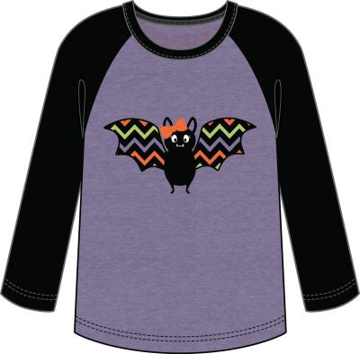 Halloween Bat Applique’ Girls Long Sleeve Purple Raglan Top - Select Size