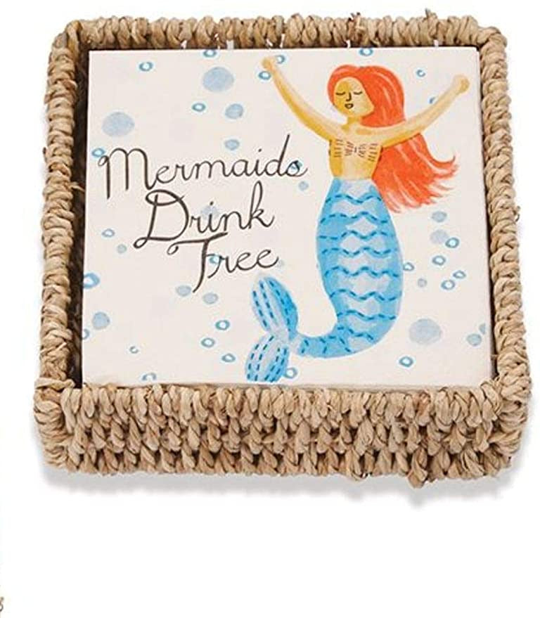 Mermaids Drink Free Paper Cocktail Napkin Seagrass Basket Set
