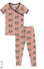 Blush Squirrel With Flower Hat Print Short Sleeve Scallop Kimono Pajama Set- Select Size
