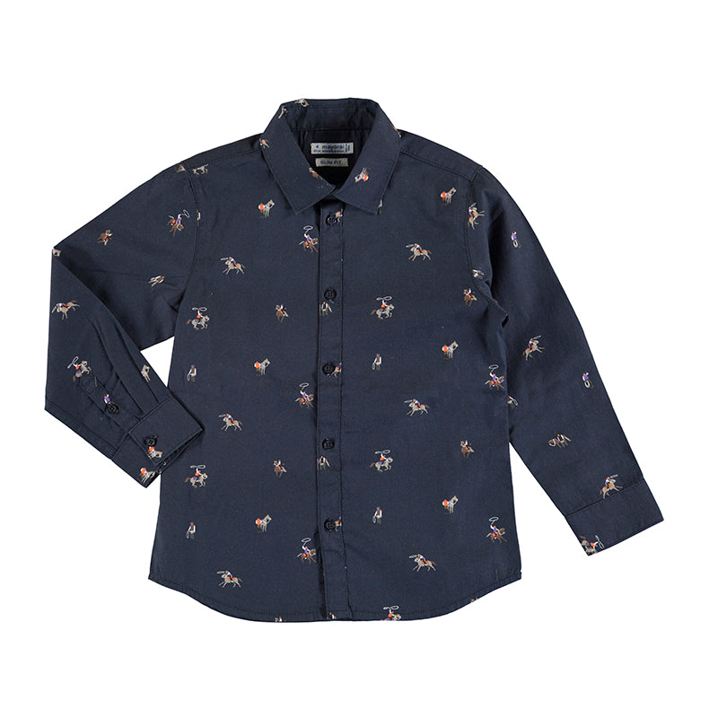 Navy Horse Print Long Sleeve Boy’s Shirt - Select Size