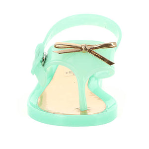 Aqua Jelly Thong Sandals with Gold Bow Accent