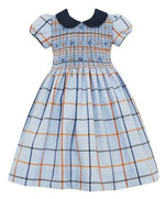 Blue Plaid Victoria Dress With Collar - Fully Smocked Bodice - select size