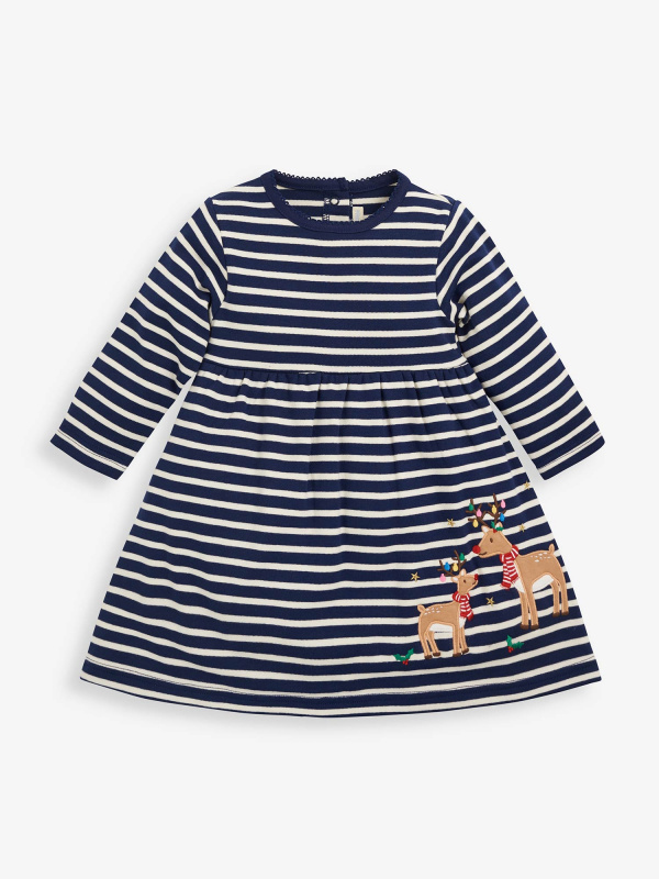 Reindeer Applique' Navy Stripe Dress -  - Select Size