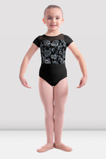 M1542C Girls Black Mirella Jardin Mesh Cap Sleeve Leotard - Select Size