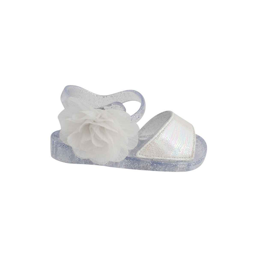Sadie White Iridescent  & Silver Glitter Jelly Sandal With White Flower - Select Size