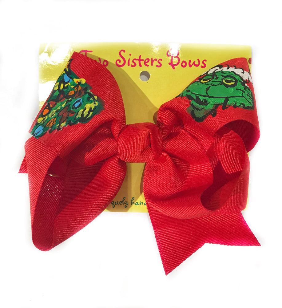 The Grinch - Handpainted Red Hair bow - Choose 6” or 8”