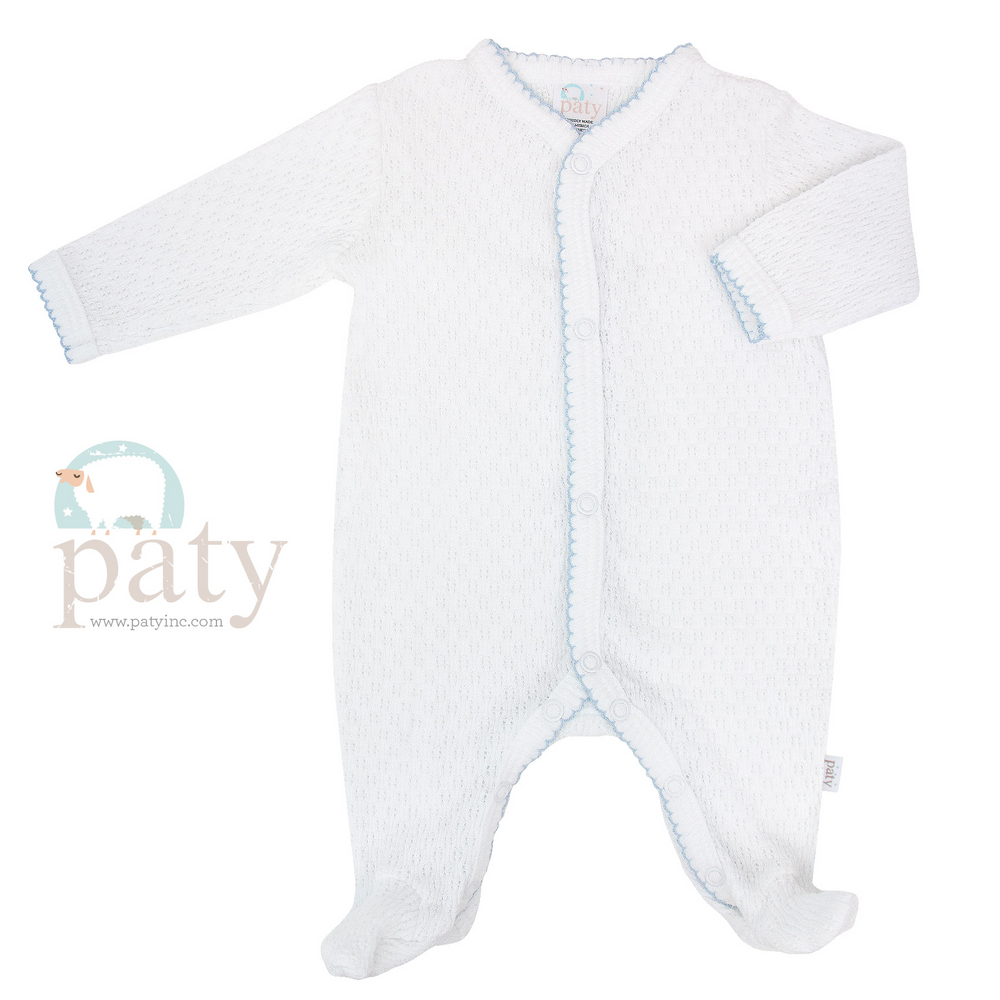 Paty White Knit Long Sleeve Footie With Blue Trim - Select Size
