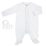 Paty White Knit Long Sleeve Footie With Blue Trim - Select Size