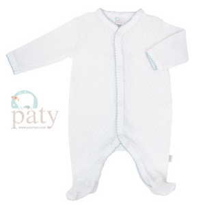 Paty White Knit Long Sleeve Footie With Blue Trim - Select Size