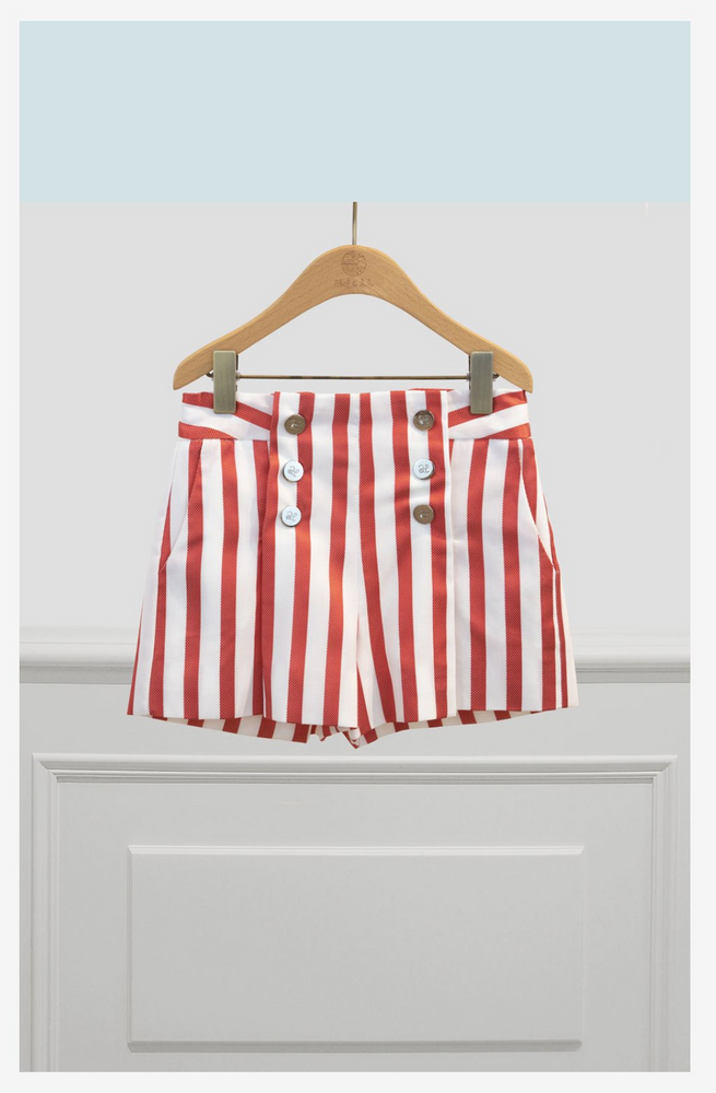 Navy Poplin Ruffle Blouse And Red & White Stripe Short Set - Select Size
