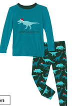 Long Sleeve Graphic Tee Pajama Set in Santa Dinos - Select Size