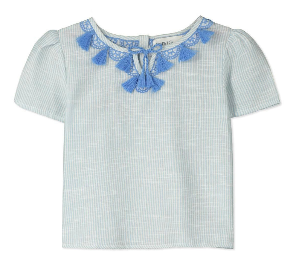 Santorini Girls Embroidered White & Blue Striped Short Sleeve Blouse - Select Size