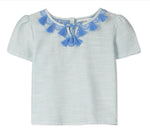 Santorini Girls Embroidered White & Blue Striped Short Sleeve Blouse - Select Size