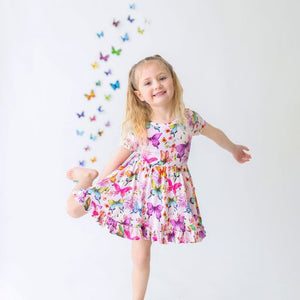 Watercolor Butterfly- Short Sleeve Ruffled Twirl Dress- Posh Peanut - Select Size