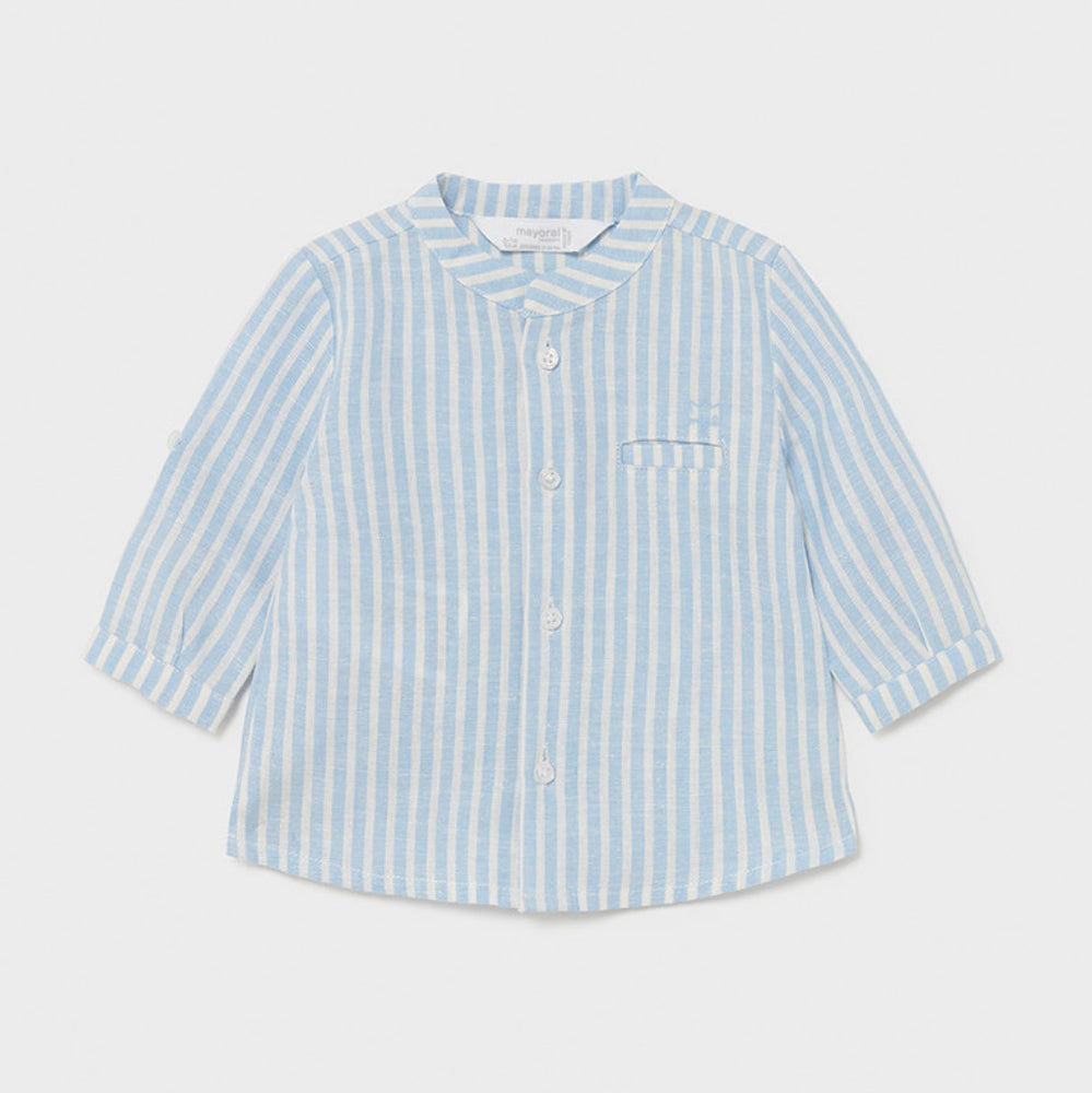 Fresh Blue Striped Linen Long Sleeve Infant Boy’s Shirt - Select Size