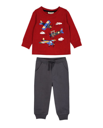 Red Airshow Boys Long Sleeve Top & Stone Pant Set - Select Size