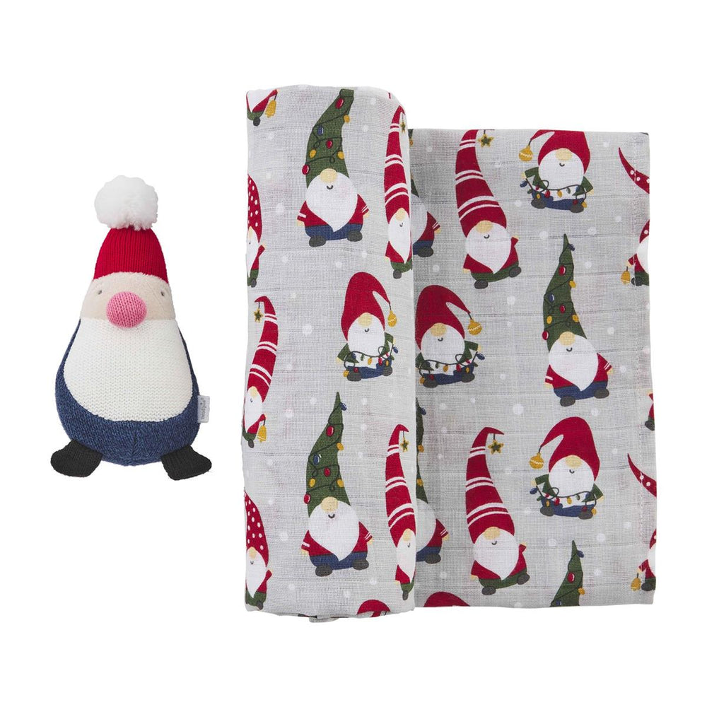 Gnome Swaddle & Rattle Set