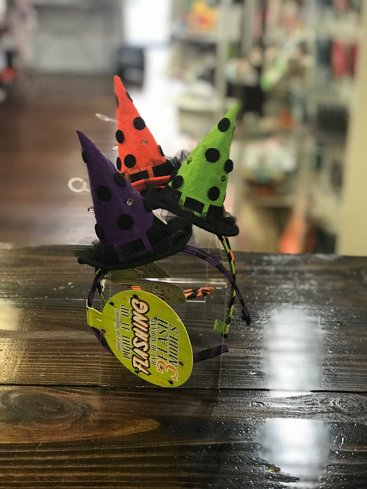 Halloween Flashing Light Up Witch Hat Headband Polka Dots- Purple, Green or Orange